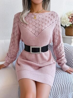 Elegant Loose Fit Plain Crew Neck Long Sleeve Mini Sweater Dress - Image 5