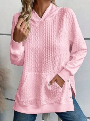 Elegant Loose Fit Plain Hooded Long Sleeve White Pink Hoodie - Image 1