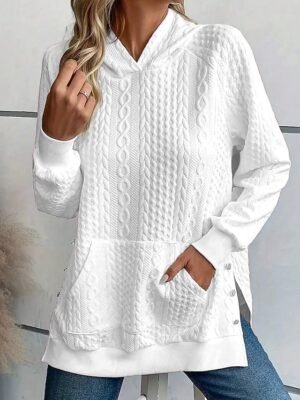 Elegant Loose Fit Plain Hooded Long Sleeve White Pink Hoodie - Image 4