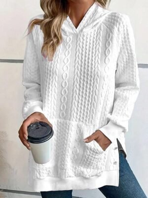 Elegant Loose Fit Plain Hooded Long Sleeve White Pink Hoodie - Image 6