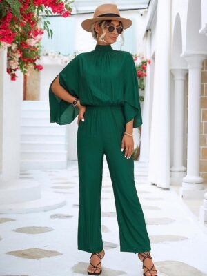 Elegant Loose Fit Solid Turtleneck 3/4 Length Batwing Jumpsuit - Image 1