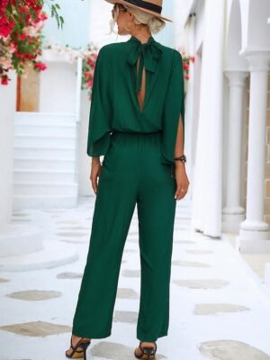 Elegant Loose Fit Solid Turtleneck 3/4 Length Batwing Jumpsuit - Image 2