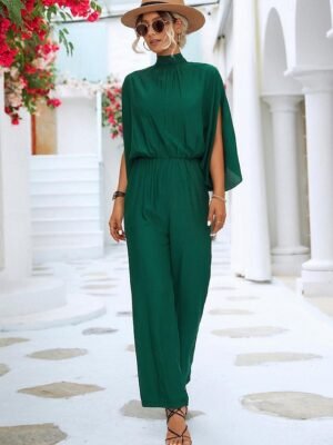 Elegant Loose Fit Solid Turtleneck 3/4 Length Batwing Jumpsuit - Image 3