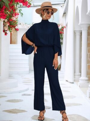 Elegant Loose Fit Solid Turtleneck 3/4 Length Batwing Jumpsuit - Image 4