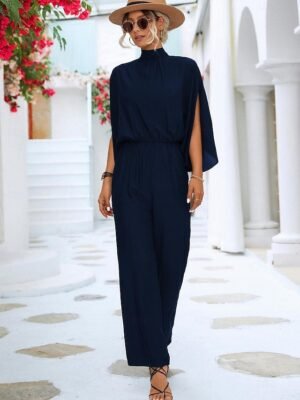 Elegant Loose Fit Solid Turtleneck 3/4 Length Batwing Jumpsuit - Image 5
