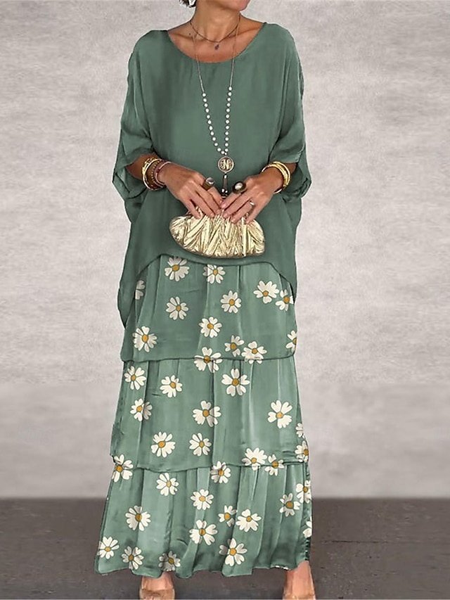 Elegant Loose Floral Crew Neck 3/4 Sleeve Maxi Dress - Image 1
