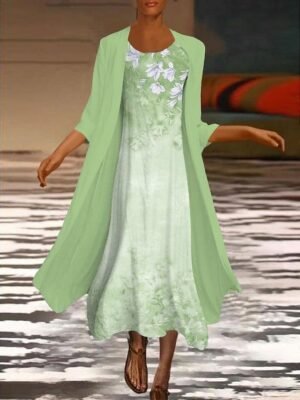 Elegant Loose Floral Crew Neck Half Sleeve Maxi Dress Set - Image 1