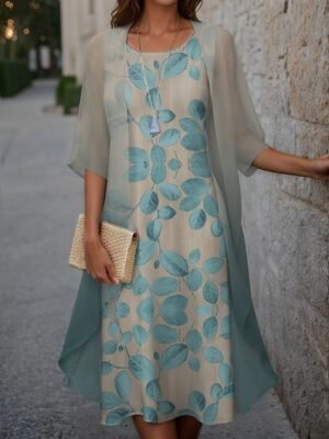 Elegant Loose Floral Crew Neck Half Sleeve Midi Dress Set - Image 1