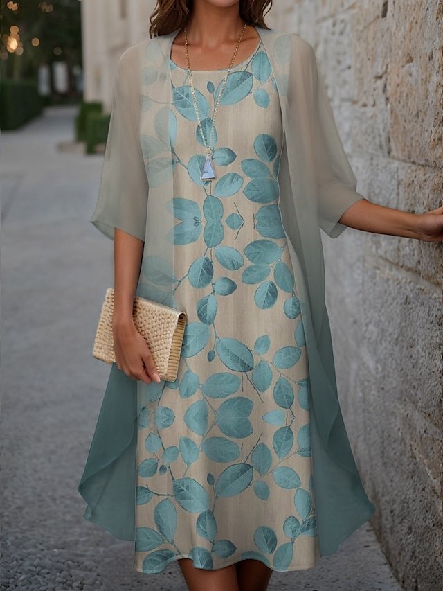Elegant Loose Floral Crew Neck Half Sleeve Midi Dress Set - Image 1