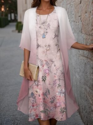 Elegant Loose Floral Crew Neck Half Sleeve Midi Dress Set - Image 1