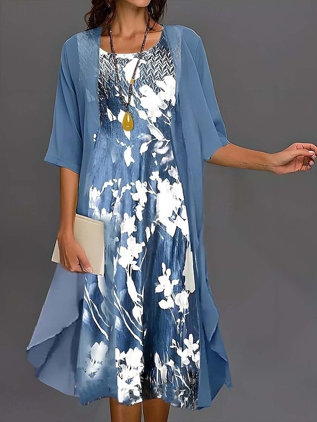 Elegant Loose Floral Crew Neck Half Sleeve Midi Dress - Image 1