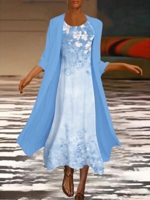 Elegant Loose Floral Crew Neck Half Sleeve Maxi Dress Set - Image 2