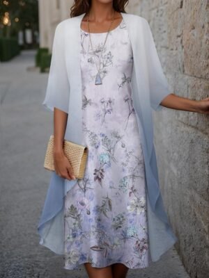 Elegant Loose Floral Crew Neck Half Sleeve Midi Dress Set - Image 2
