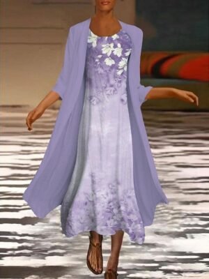 Elegant Loose Floral Crew Neck Half Sleeve Maxi Dress Set - Image 3