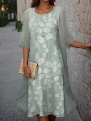 Elegant Loose Floral Crew Neck Half Sleeve Midi Dress Set - Image 3