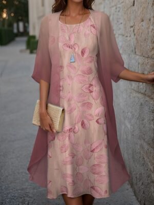 Elegant Loose Floral Crew Neck Half Sleeve Midi Dress Set - Image 4