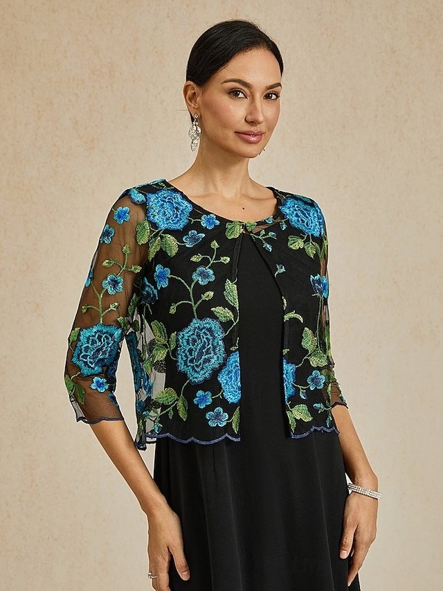 Elegant Loose Floral Crewneck 3/4 Sleeve Cardigan - Image 1