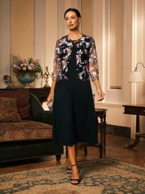 Elegant Loose Floral Crewneck 3/4 Sleeve Cardigan - Image 13