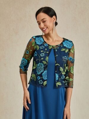 Elegant Loose Floral Crewneck 3/4 Sleeve Cardigan - Image 5