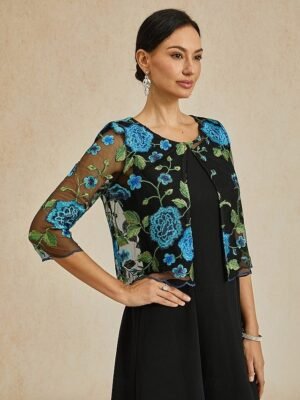 Elegant Loose Floral Crewneck 3/4 Sleeve Cardigan - Image 6