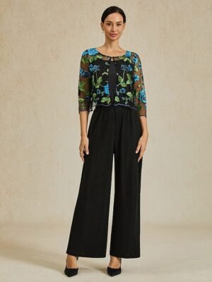 Elegant Loose Floral Crewneck 3/4 Sleeve Cardigan - Image 8