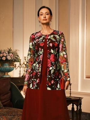 Elegant Loose Floral Crewneck Long Sleeve Cardigan - Image 1