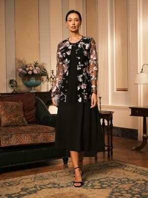 Elegant Loose Floral Crewneck Long Sleeve Cardigan - Image 6