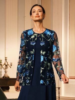 Elegant Loose Floral Crewneck Long Sleeve Cardigan - Image 7