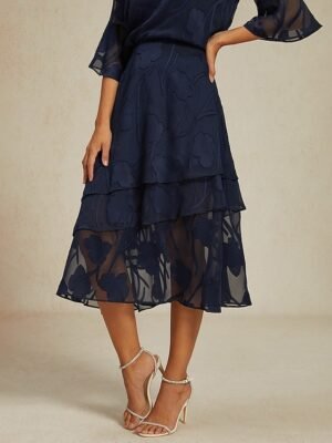 Elegant Loose Floral Mid Waist Layered Midi Chiffon Skirt - Image 1