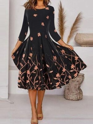 Elegant Loose Floral Polka Dot Crew Neck 3/4 Sleeve Midi Dress - Image 3