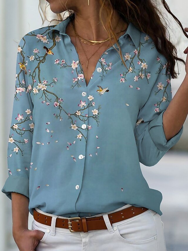 Elegant Loose Floral Print Shirt Collar Long Sleeve Blouse - Image 1
