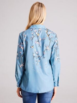 Elegant Loose Floral Print Shirt Collar Long Sleeve Blouse - Image 3