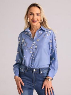 Elegant Loose Floral Print Shirt Collar Long Sleeve Blouse - Image 7