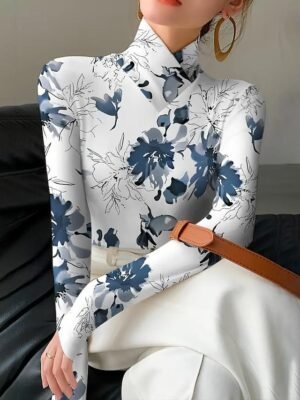 Elegant Loose Floral Round Neck Long Sleeve Long Tunic - Image 1