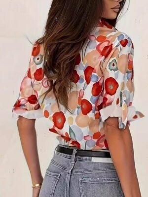 Elegant Loose Floral Shirt Collar Long Sleeve Regular Blouse - Image 2