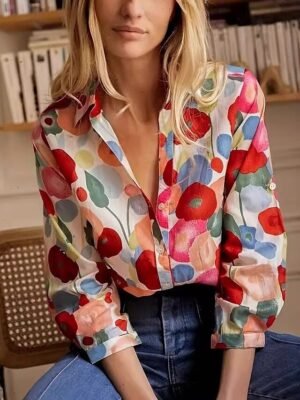 Elegant Loose Floral Shirt Collar Long Sleeve Regular Blouse - Image 3
