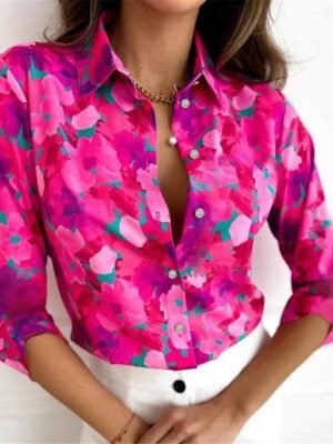 Elegant Loose Floral Spread Collar Long Sleeve Blouse - Image 1