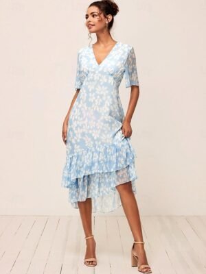Elegant Loose Floral V Neck Flared Sleeve Tea Length Dress - Image 1