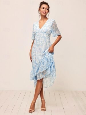 Elegant Loose Floral V Neck Flared Sleeve Tea Length Dress - Image 2