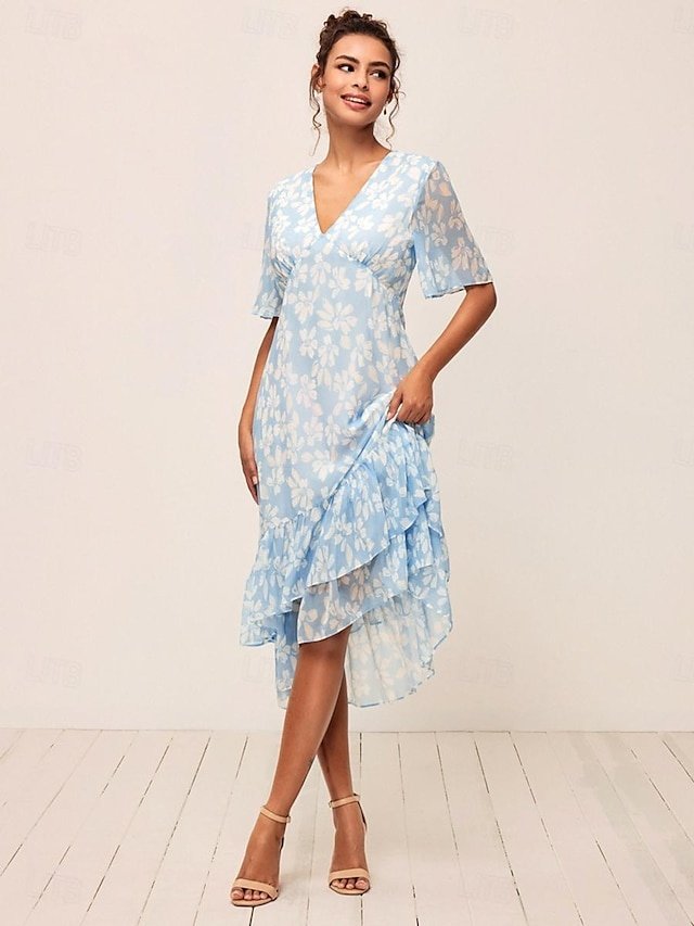 Elegant Loose Floral V Neck Flared Sleeve Tea Length Dress - Image 2