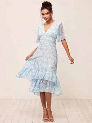 Elegant Loose Floral V Neck Flared Sleeve Tea Length Dress - Image 3