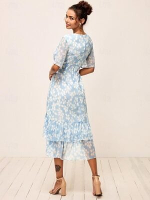 Elegant Loose Floral V Neck Flared Sleeve Tea Length Dress - Image 4