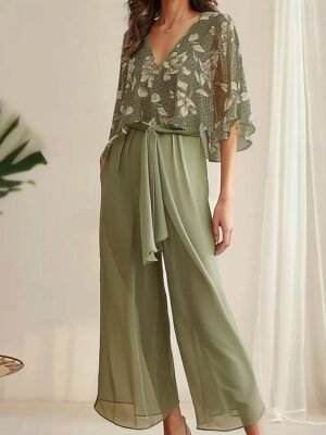 Elegant Loose Floral V Neck Half Sleeve Two Piece Set - Image 1