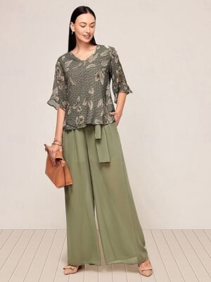 Elegant Loose Floral V Neck Half Sleeve Two Piece Set - Image 6