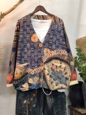 Elegant Loose Floral V Neck Long Sleeve Regular Cardigan - Image 1