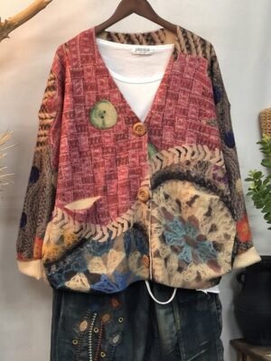 Elegant Loose Floral V Neck Long Sleeve Regular Cardigan - Image 3