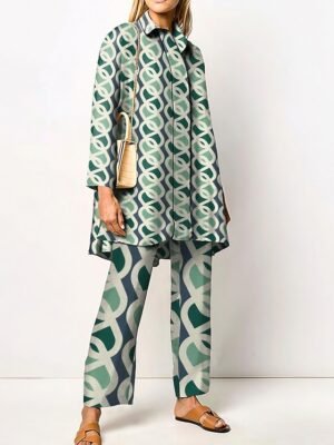 Elegant Loose Geometric Shirt Collar Long Sleeve Two Piece Set - Image 1