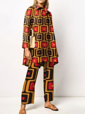 Elegant Loose Geometric Shirt Collar Long Sleeve Two Piece Set - Image 2