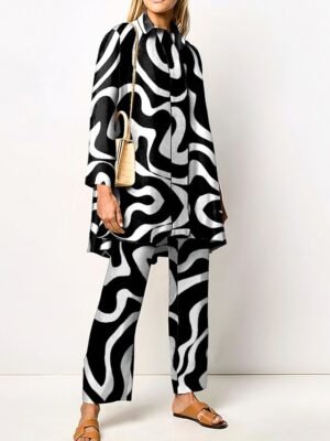 Elegant Loose Geometric Shirt Collar Long Sleeve Two Piece Set - Image 4