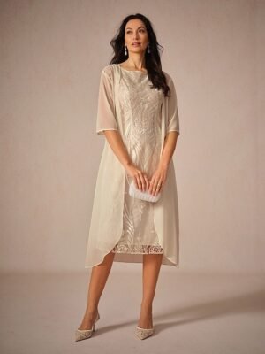 Elegant Loose Lace Crew Neck Half Sleeve Midi Dress - Image 15